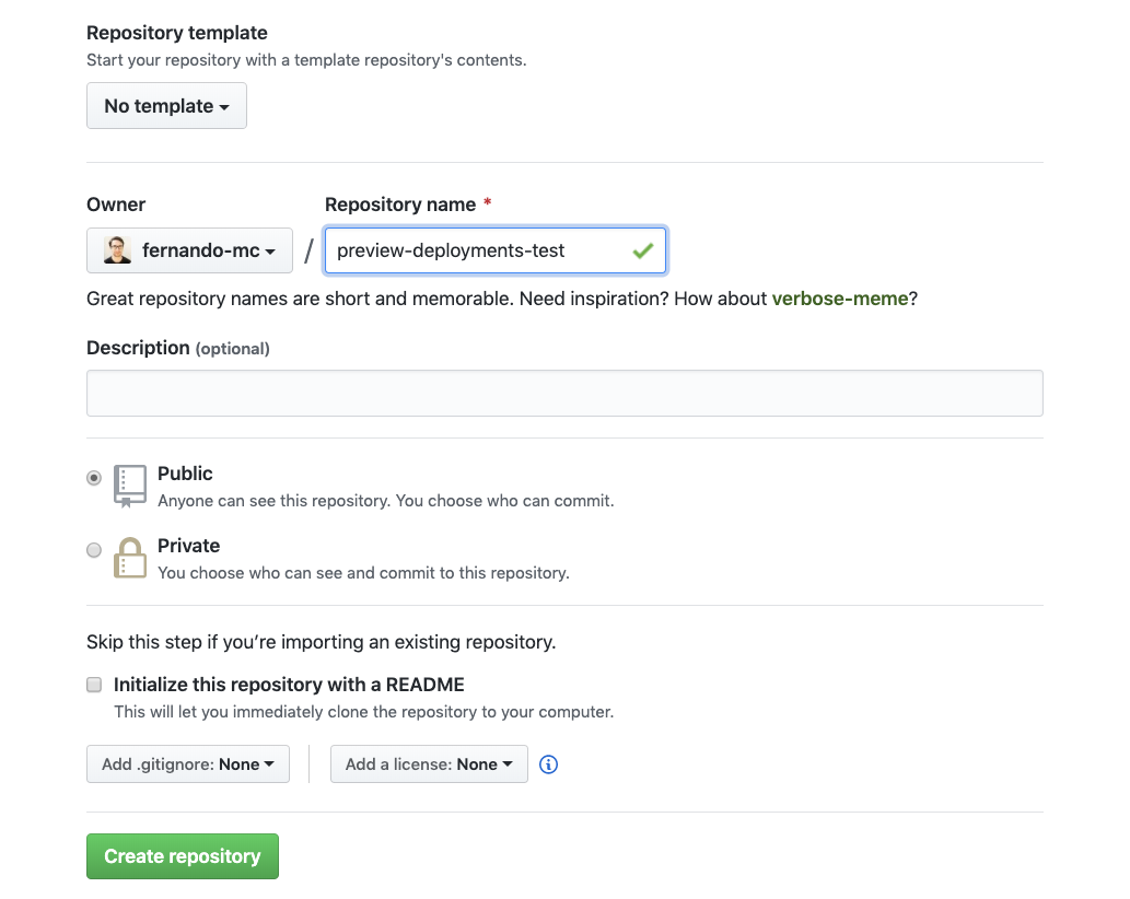 Screenshot of new repo creation page on GitHub