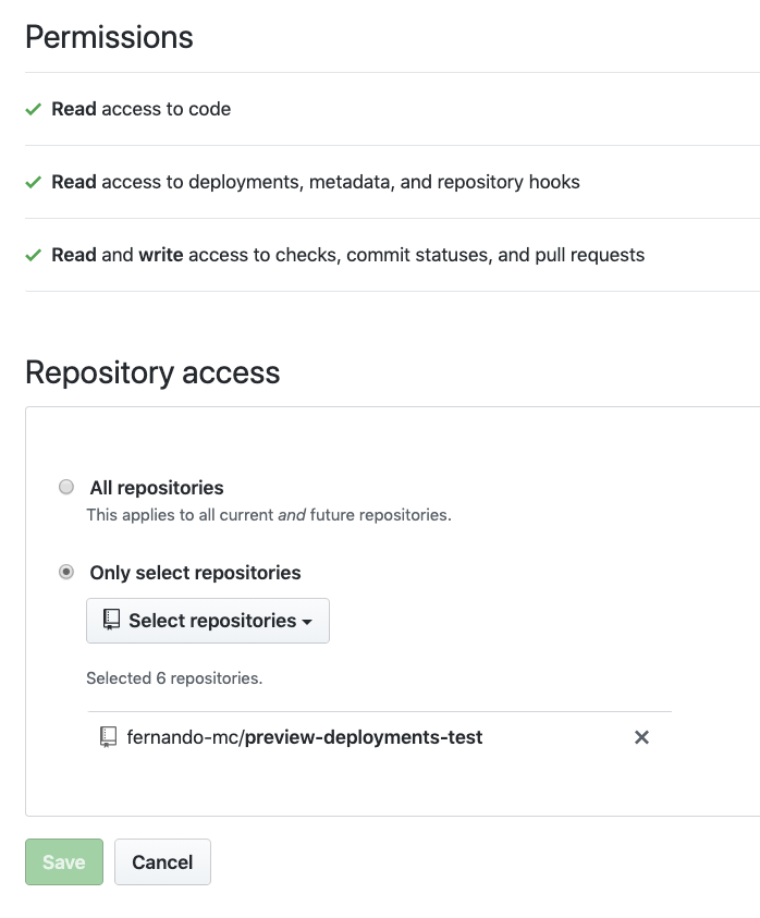Screenshot of selecting repositories in GitHub