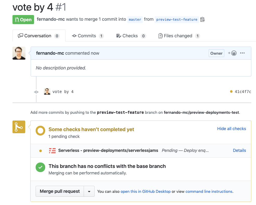 Screenshot of the preview checks run in GitHub by Serverless